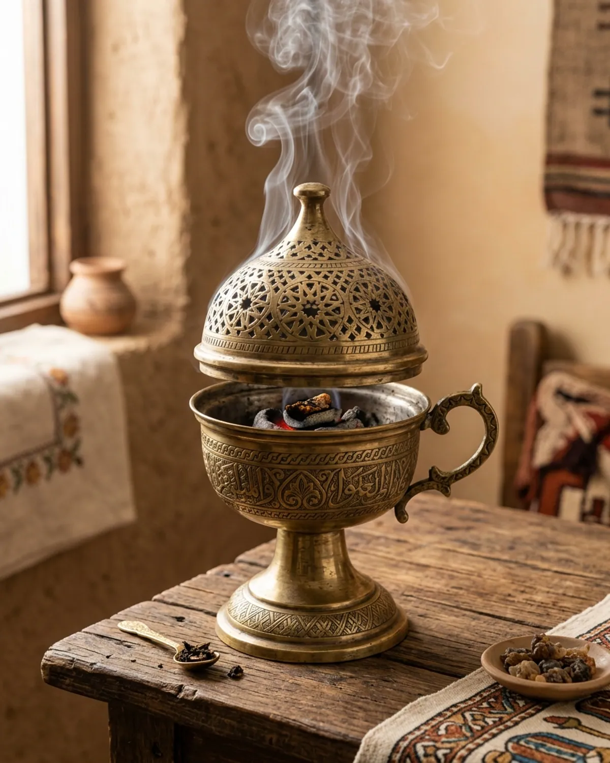 مبخرة نحاسية منقوشة بقاعدة ثابتة في الاستخدام