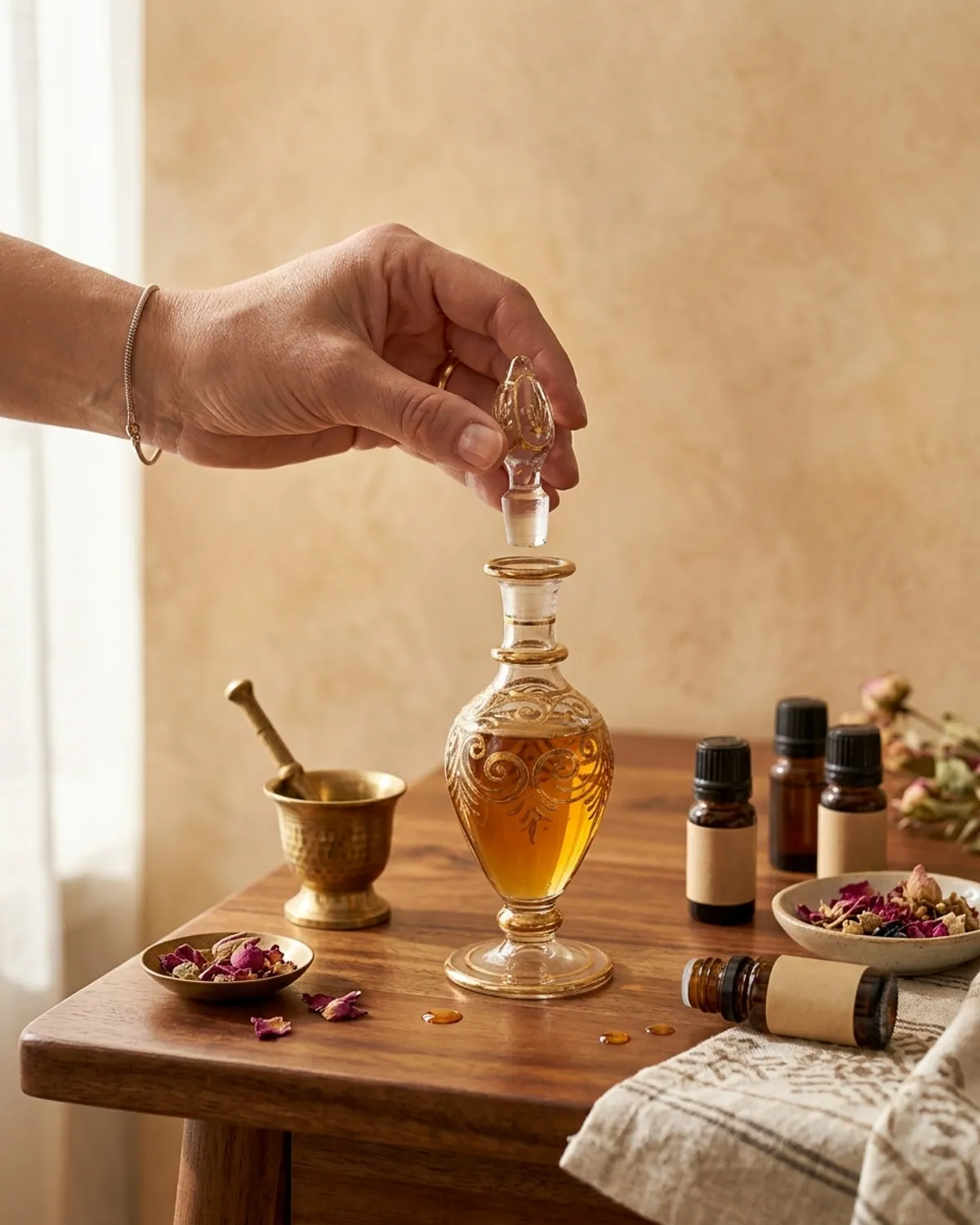 زجاجة عطر تقليدية من الزجاج المنفوخ والمذهب في الاستخدام