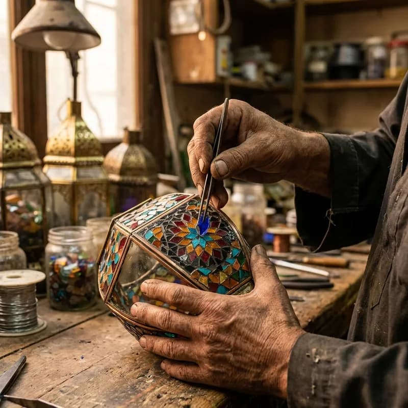 بورتريه للشيخ حسن يحمل أنبوب نفخ الزجاج أمام الفرن